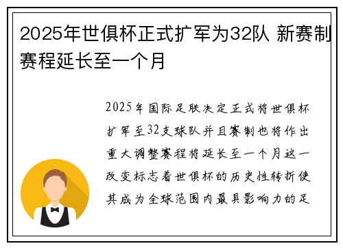2025年世俱杯正式扩军为32队 新赛制赛程延长至一个月